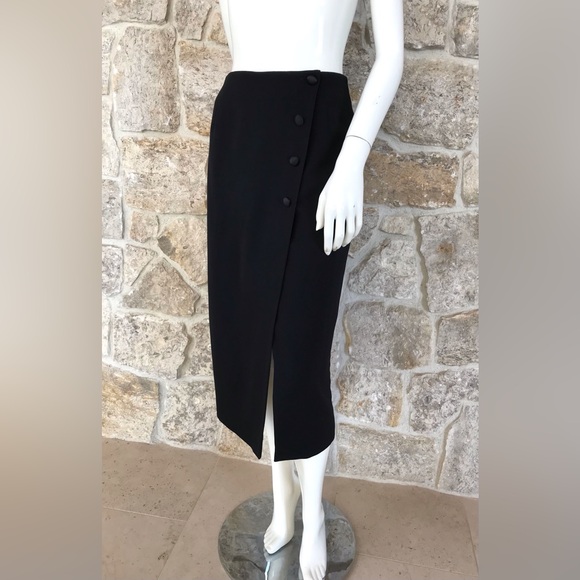 Vintage 1990s Anne Klein II Black Tuxedo Stripe Wrap Front Skirt Classic Elegant - Picture 2 of 16